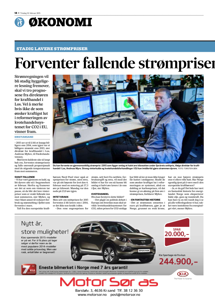 Presseklipp fra Fædrelandsvennen 10.02.2015 - Fallende strømpriser tredje året på rad