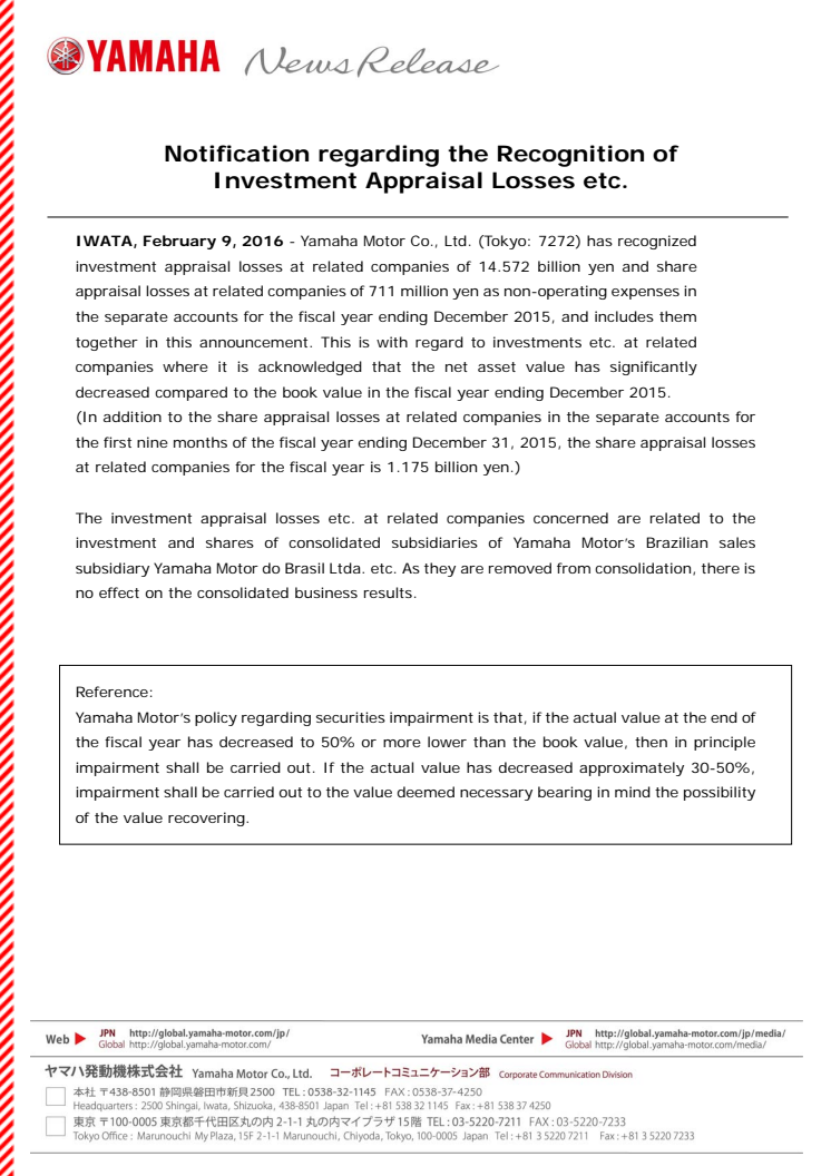 Notification regarding the Recognition of Investment Appraisal Losses etc. at Related Companies