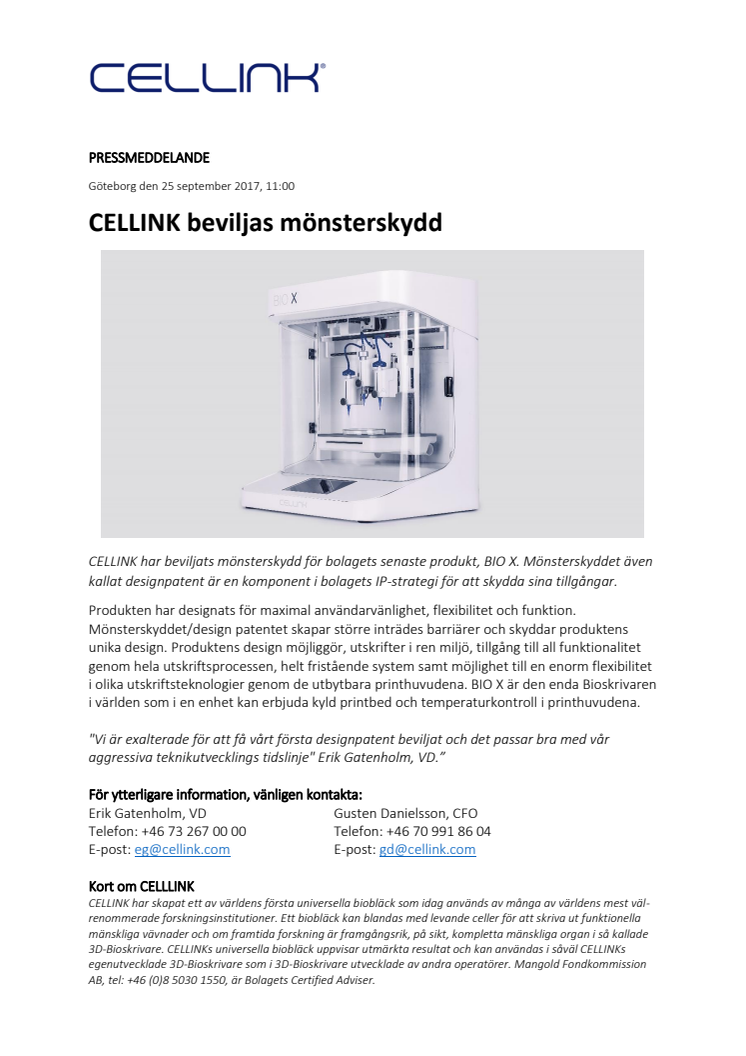 CELLINK beviljas mönsterskydd