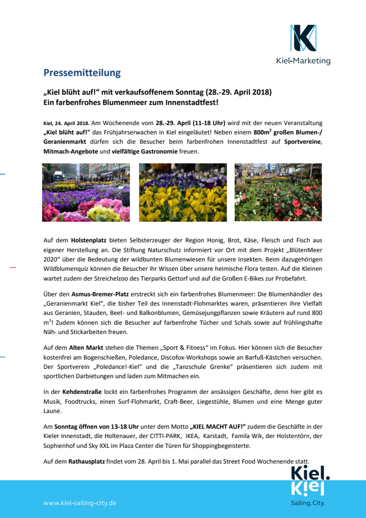 „Kiel blüht auf!“ mit verkaufsoffenem Sonntag (28.-29. April 2018). Ein farbenfrohes Blumenmeer zum Innenstadtfest! 