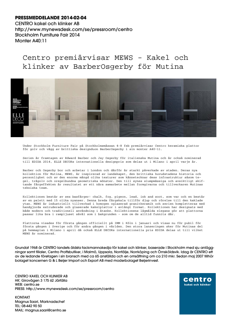 Premiärvisning av MEWS - kakel och klinker av BarberOsgerby