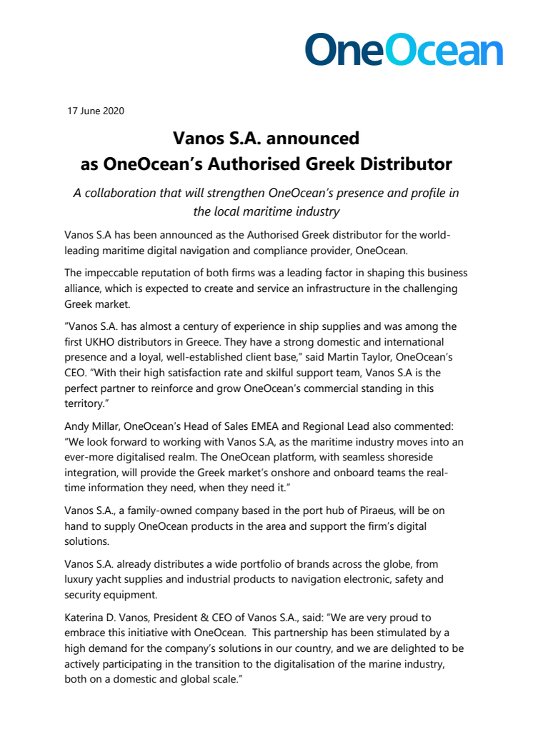 Vanos S.A. announced  as OneOcean’s Authorised Greek Distributor 