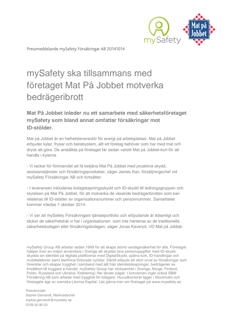 mySafety ska tillsammans med företaget Mat På Jobbet motverka bedrägeribrott