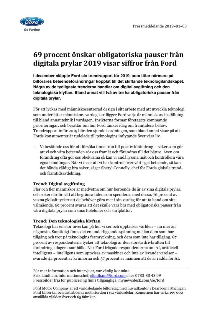 69 procent önskar obligatoriska pauser från digitala prylar 2019 visar siffror från Ford