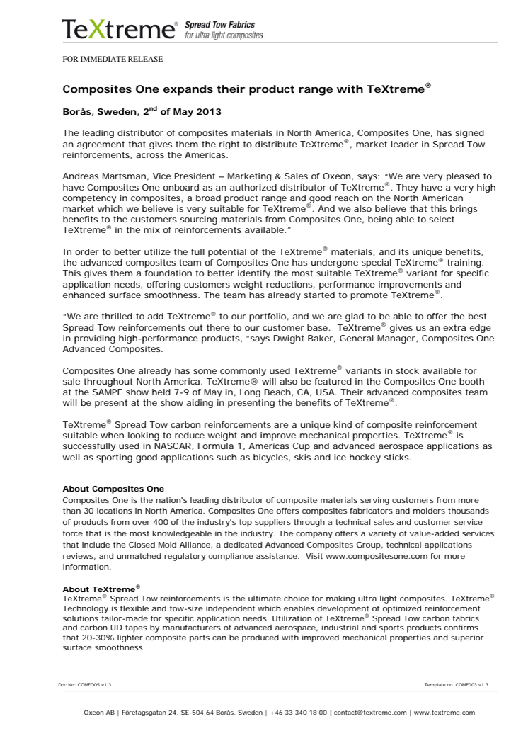 Composites One expands their product range with TeXtreme®