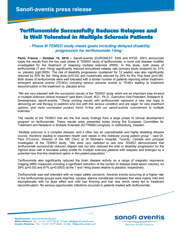 Teriflunomide Successfully Reduces Relapses and is Well Tolerated in Multiple Sclerosis Patients