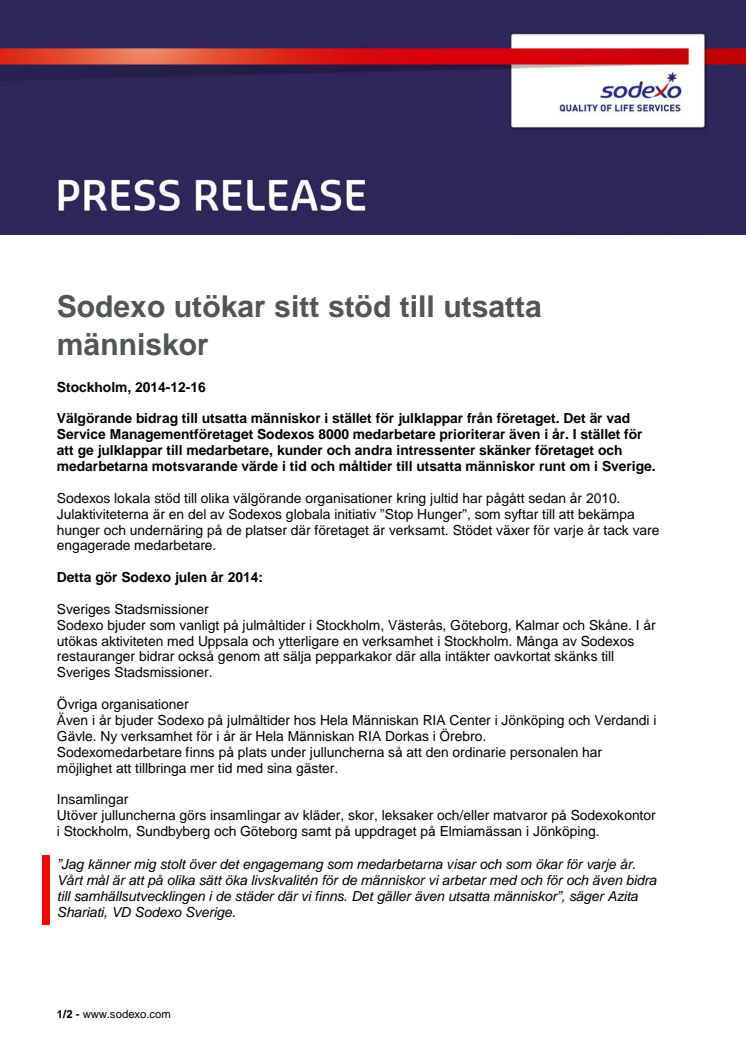 Sodexo utökar sitt stöd till utsatta människor