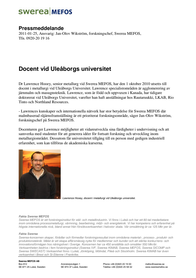 Docent i metallurgi vid Uleåborgs universitet