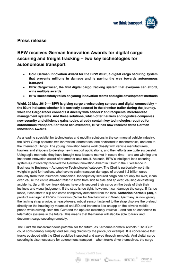 BPW receives German Innovation Awards for digital cargo securing and freight tracking – two key technologies for autonomous transport