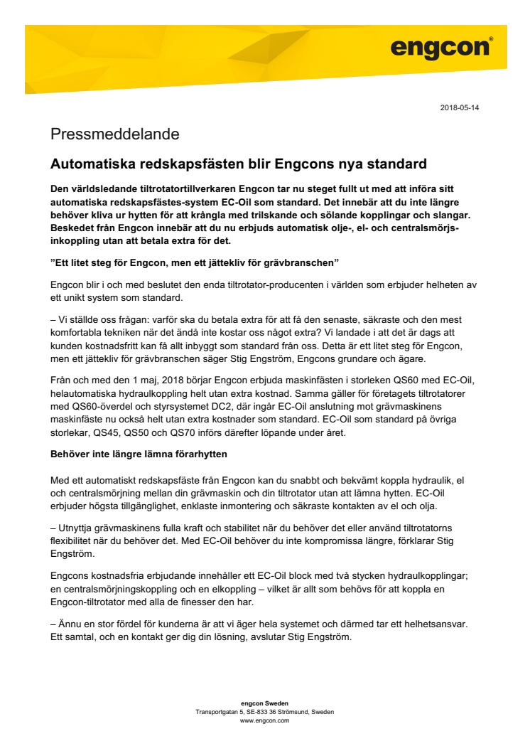 Automatiska redskapsfästen blir Engcons nya standard 