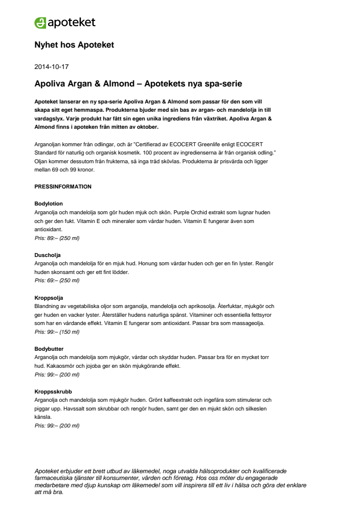 Apoliva Argan & Almond – Apotekets nya spa-serie