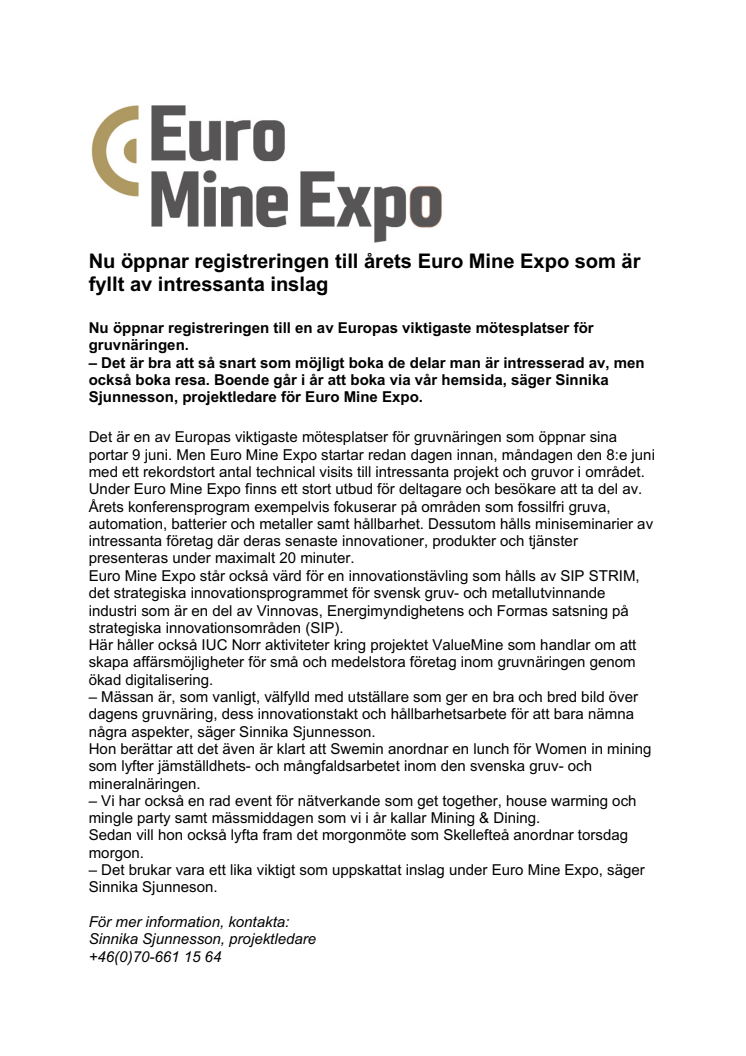 Nu öppnar registreringen till årets Euro Mine Expo som är fyllt av intressanta inslag