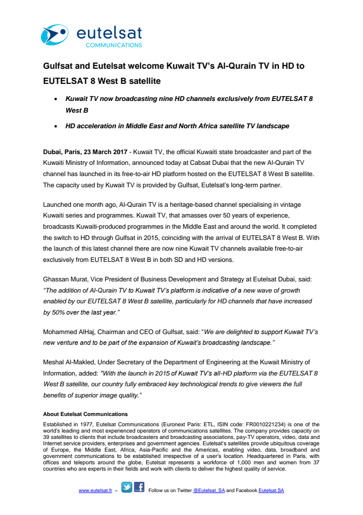 Gulfsat and Eutelsat welcome Kuwait TV’s Al-Qurain TV in HD to EUTELSAT 8 West B satellite