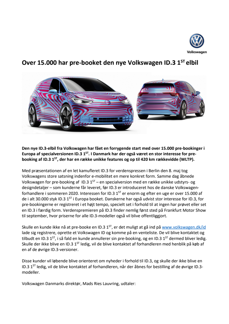 Over 15.000 har pre-booket den nye Volkswagen ID.3 1st elbil