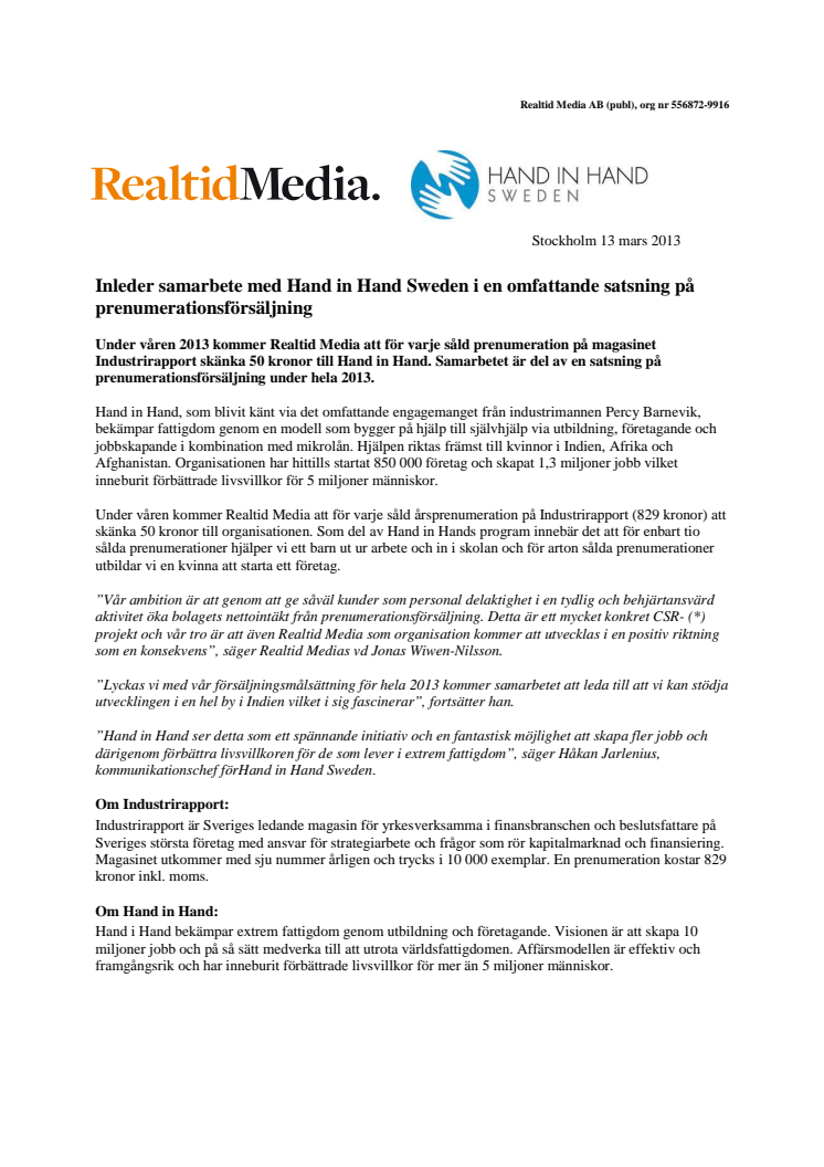  Hand in Hand inleder samarbete med Realtid Media i en omfattande satsning på prenumerationsförsäljning