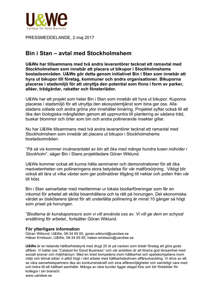 Bin i Stan – avtal med Stockholmshem