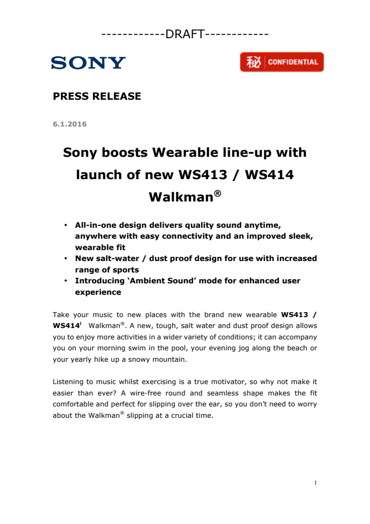 Uudet WS413 / WS414 Walkman®-soittimet täydentävät Sonyn kannettavien musiikkilaitteiden valikoimaa 
