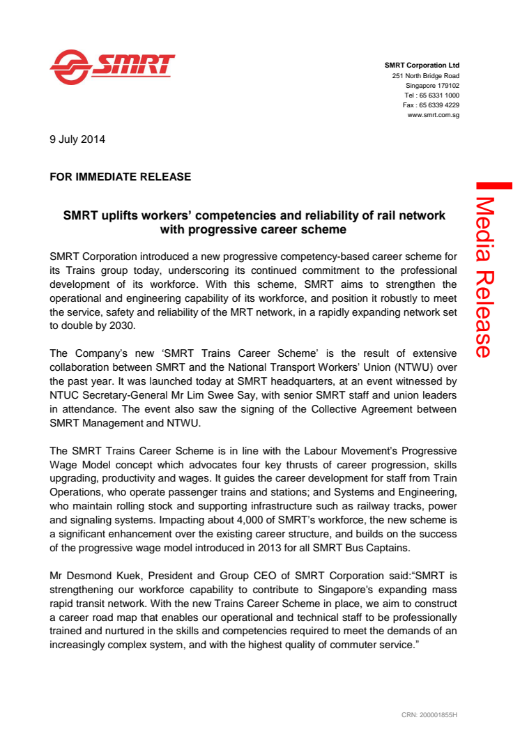 SMRT uplifts workers’ competencies and reliability of rail network with progressive career scheme