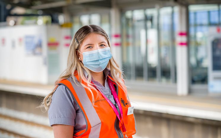 Station Assistant Jovana is reminding customers to sanitise hands before and after every journey