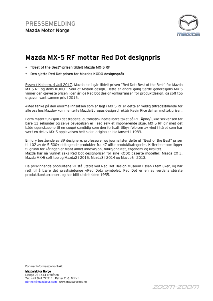 Mazda MX-5 RF mottar Red Dot designpris