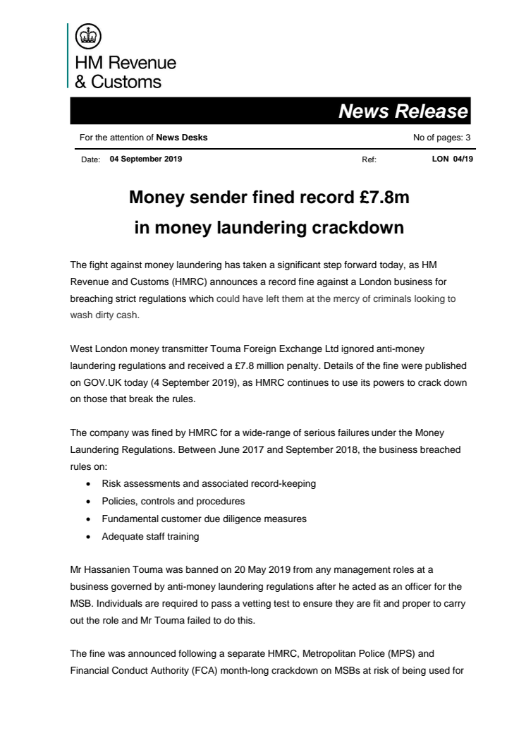 Money sender fined record £7.8m in money laundering crackdown