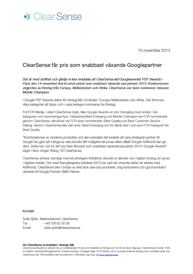 ClearSense får pris som snabbast växande Googlepartner