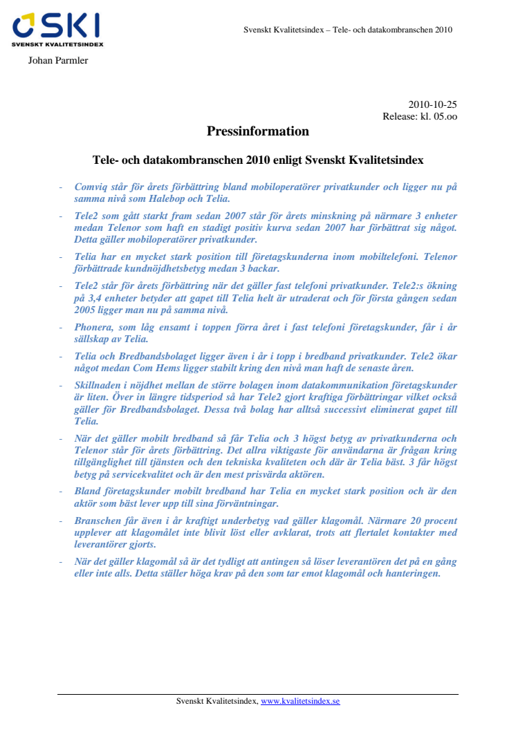 Tele- och datakombranschen 2010 enligt Svenskt Kvalitetsindex