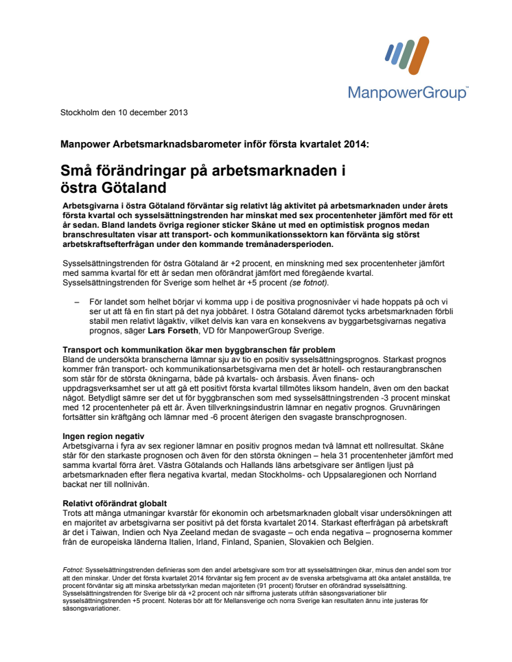 Små förändringar på arbetsmarknaden i  östra Götaland