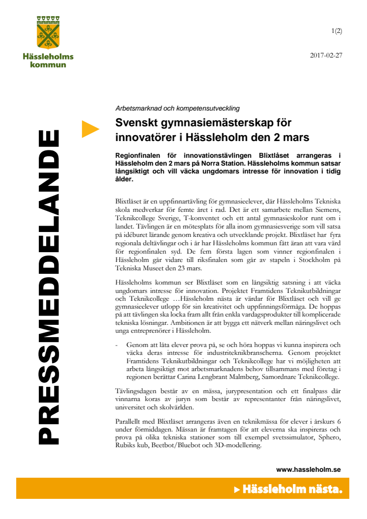 Svenskt gymnasiemästerskap för innovatörer i Hässleholm den 2 mars