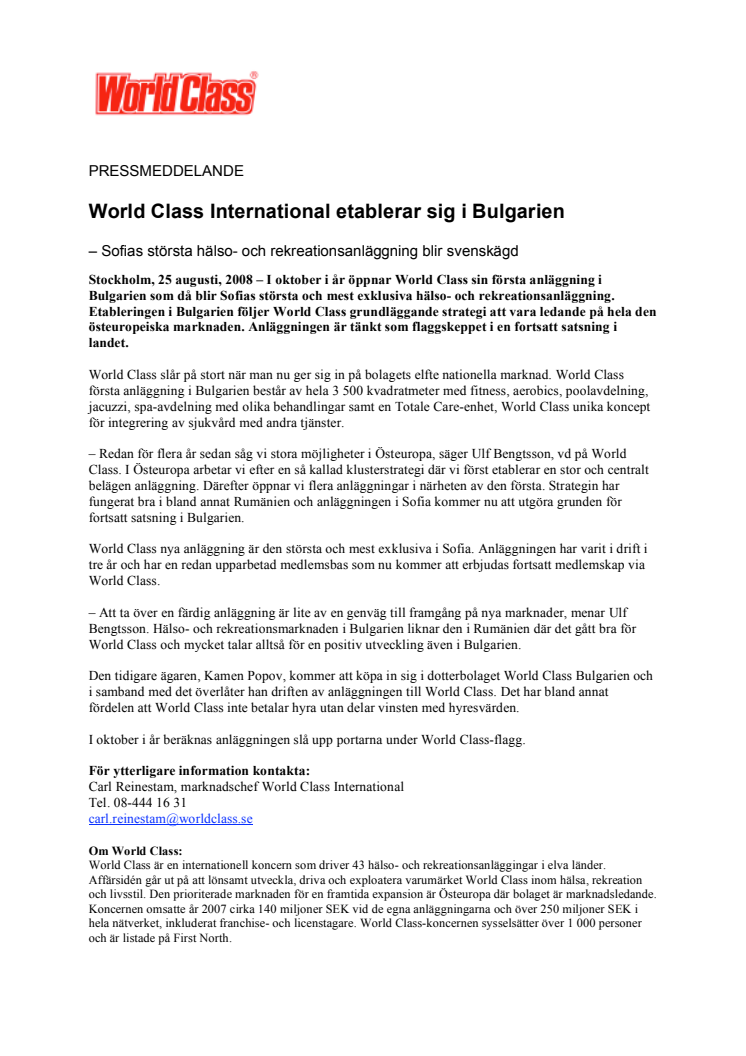 WORLD CLASS INTERNATIONAL ETABLERAR SIG I BULGARIEN