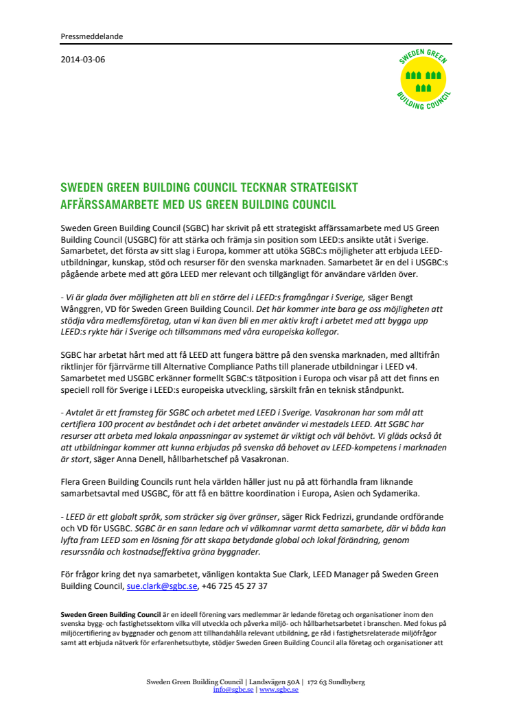 Sweden Green Building Council tecknar strategiskt affärssamarbete med US Green Building Council