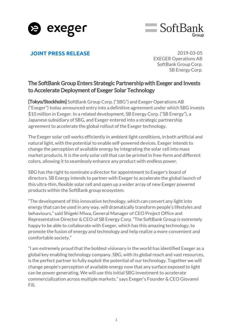The SoftBank Group Enters Strategic Partnership with Exeger and Invests to Accelerate Deployment of Exeger Solar Technology 