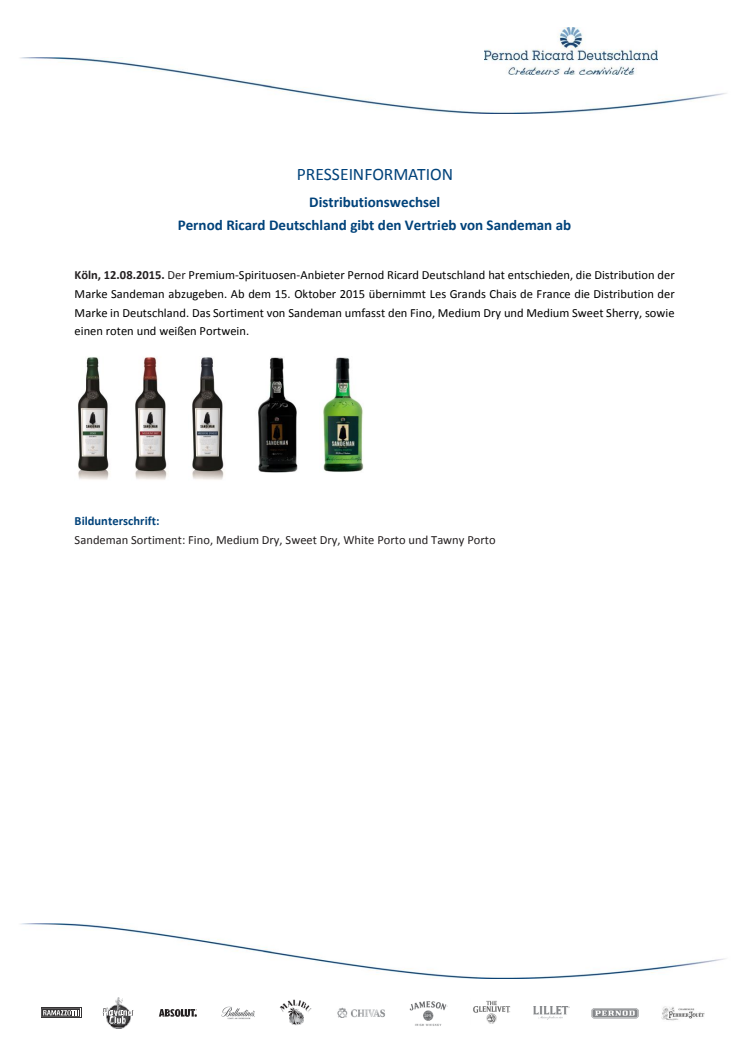 PRESSEINFORMATION - Distributionswechsel: Pernod Ricard Deutschland gibt den Vertrieb von Sandeman ab