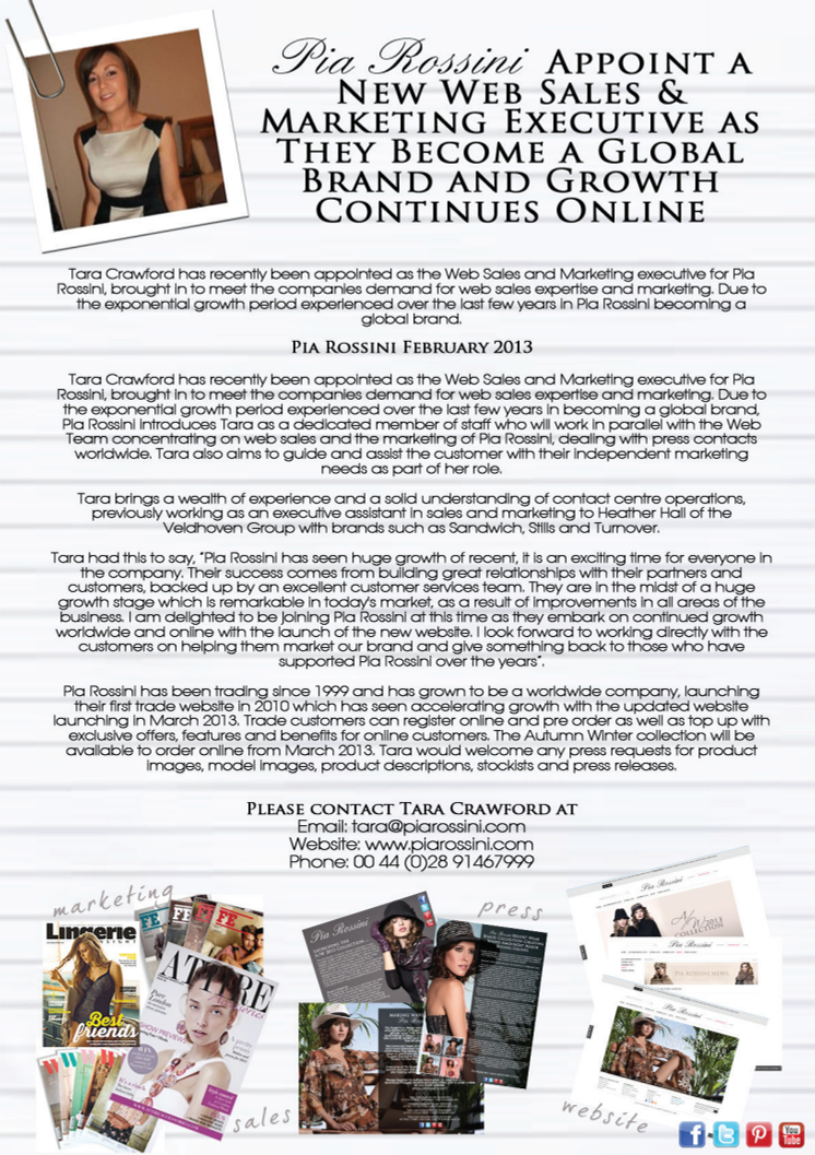 Pia Rossini Appoint a New Web Sales & Marketing Executive as They Become a Global Brand and Growth Continues Online