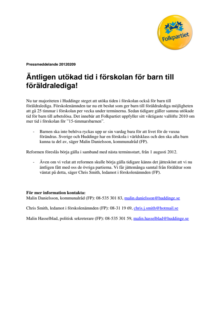 Äntligen utökad tid i förskolan för barn till föräldralediga i Huddinge