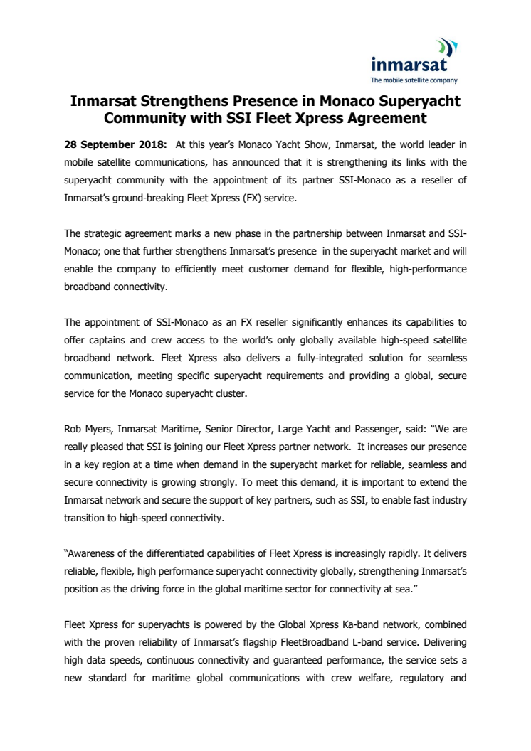 Inmarsat Strengthens Presence in Monaco Superyacht Community with SSI Fleet Xpress Agreement