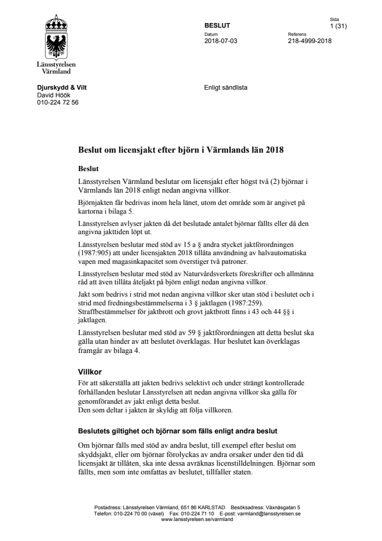 Beslut om licensjakt efter björn i Värmlands län 2018 (PDF)