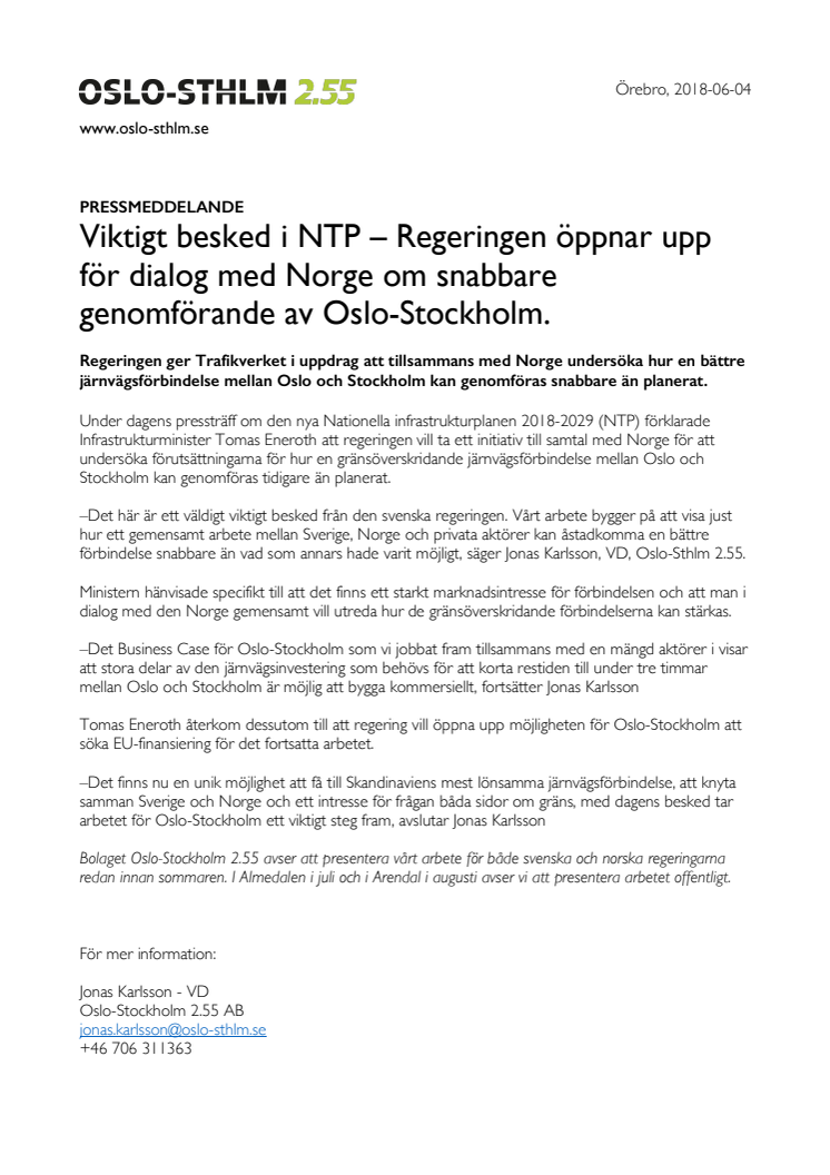 ​Viktigt besked i NTP – Regeringen öppnar upp för dialog med Norge om snabbare genomförande av Oslo-Stockholm