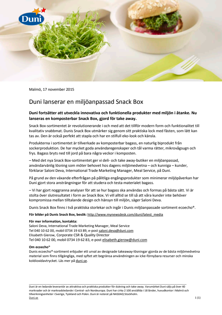 Duni lanserar en miljöanpassad Snack Box