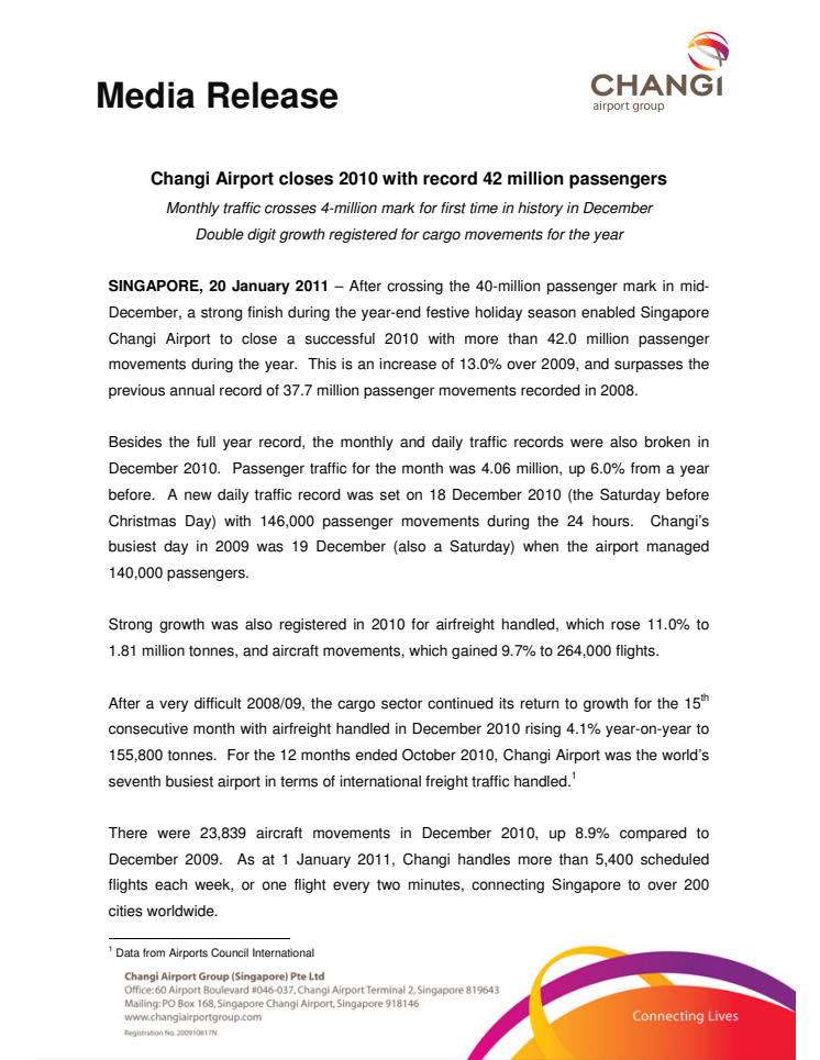 Changi Airport closes 2010 with record 42 million passengers