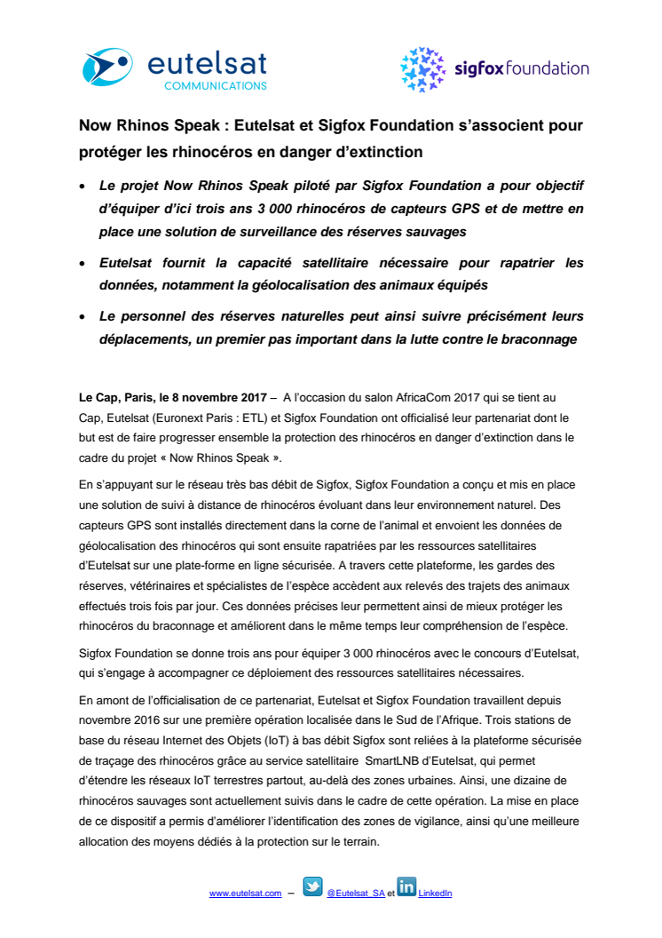 Now Rhinos Speak : Eutelsat et Sigfox Foundation s’associent pour protéger les rhinocéros en danger d’extinction