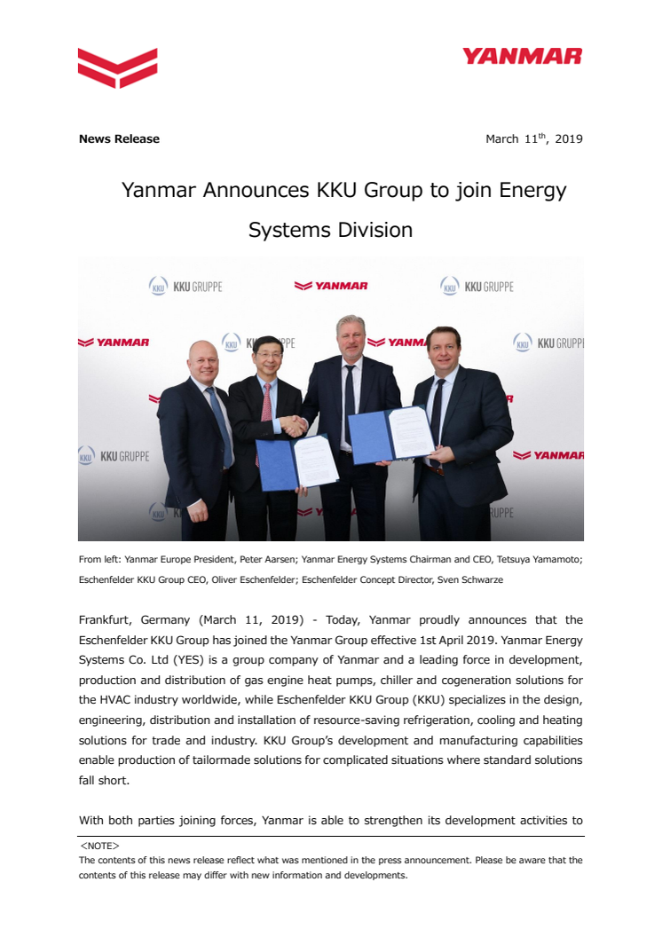 Yanmar Announces KKU Group to join Energy Systems Division