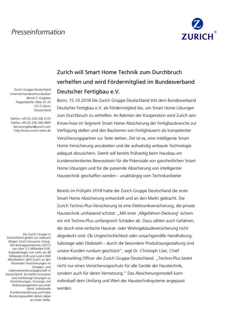 Zurich will Smart Home Technik zum Durchbruch verhelfen und wird Fördermitglied im Bundesverband Deutscher Fertigbau e.V.
