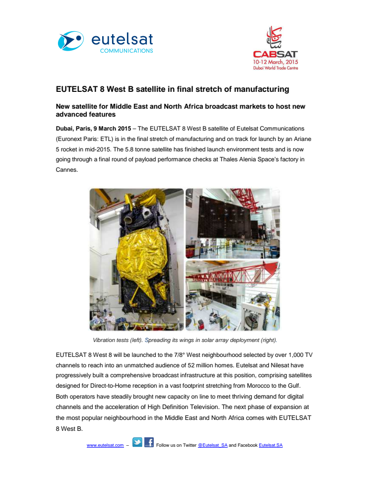 EUTELSAT 8 West B satellite in final stretch of manufacturing