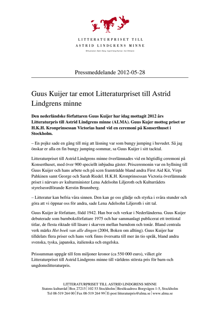 Guus Kuijer tar emot Litteraturpriset till Astrid Lindgrens minne
