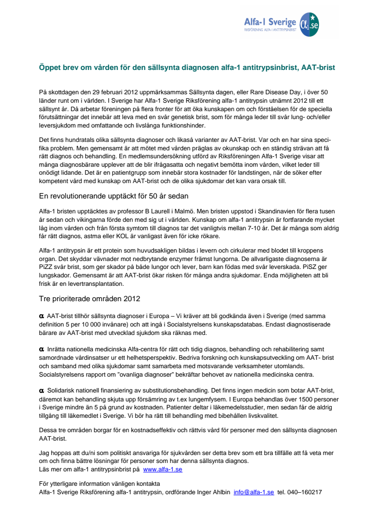 Öppet brev om vården för den sällsynta diagnosen alfa-1 antitrypsinbrist, AAT-brist