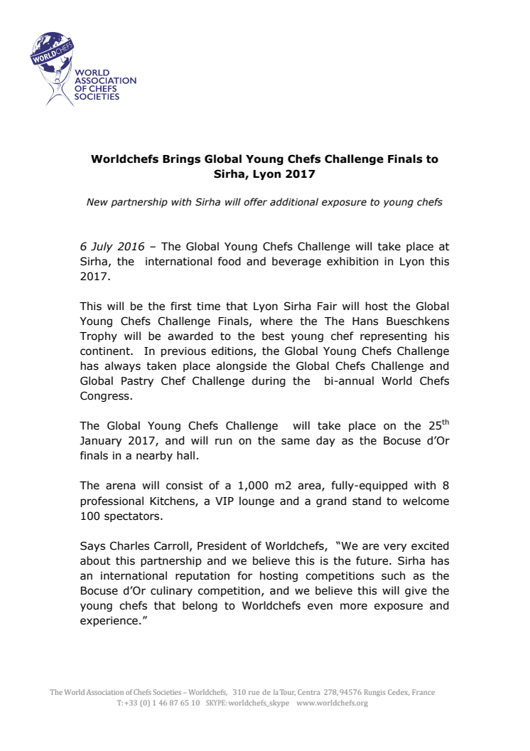  Worldchefs Brings Global Young Chefs Challenge Finals to Sirha, Lyon 2017