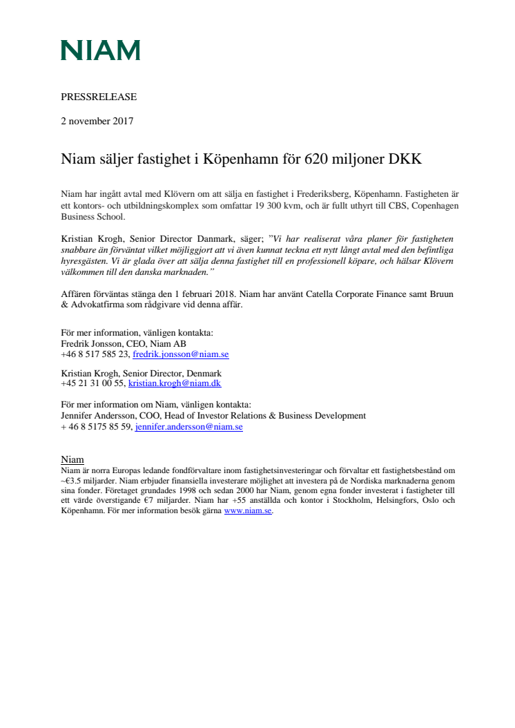 Niam säljer fastighet i Köpenhamn för 620 miljoner DKK
