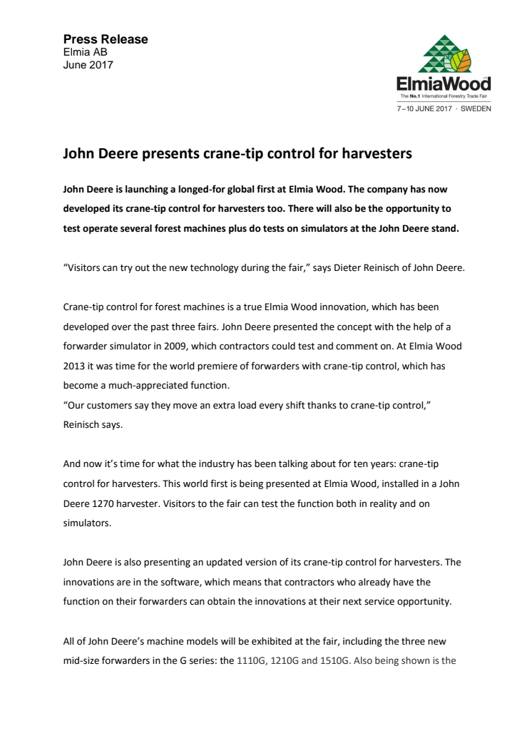 John Deere presents crane-tip control for harvesters 