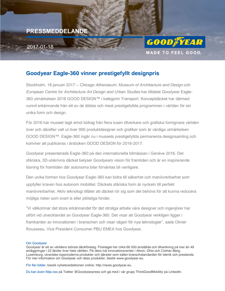 Goodyear Eagle-360 vinner prestigefyllt designpris